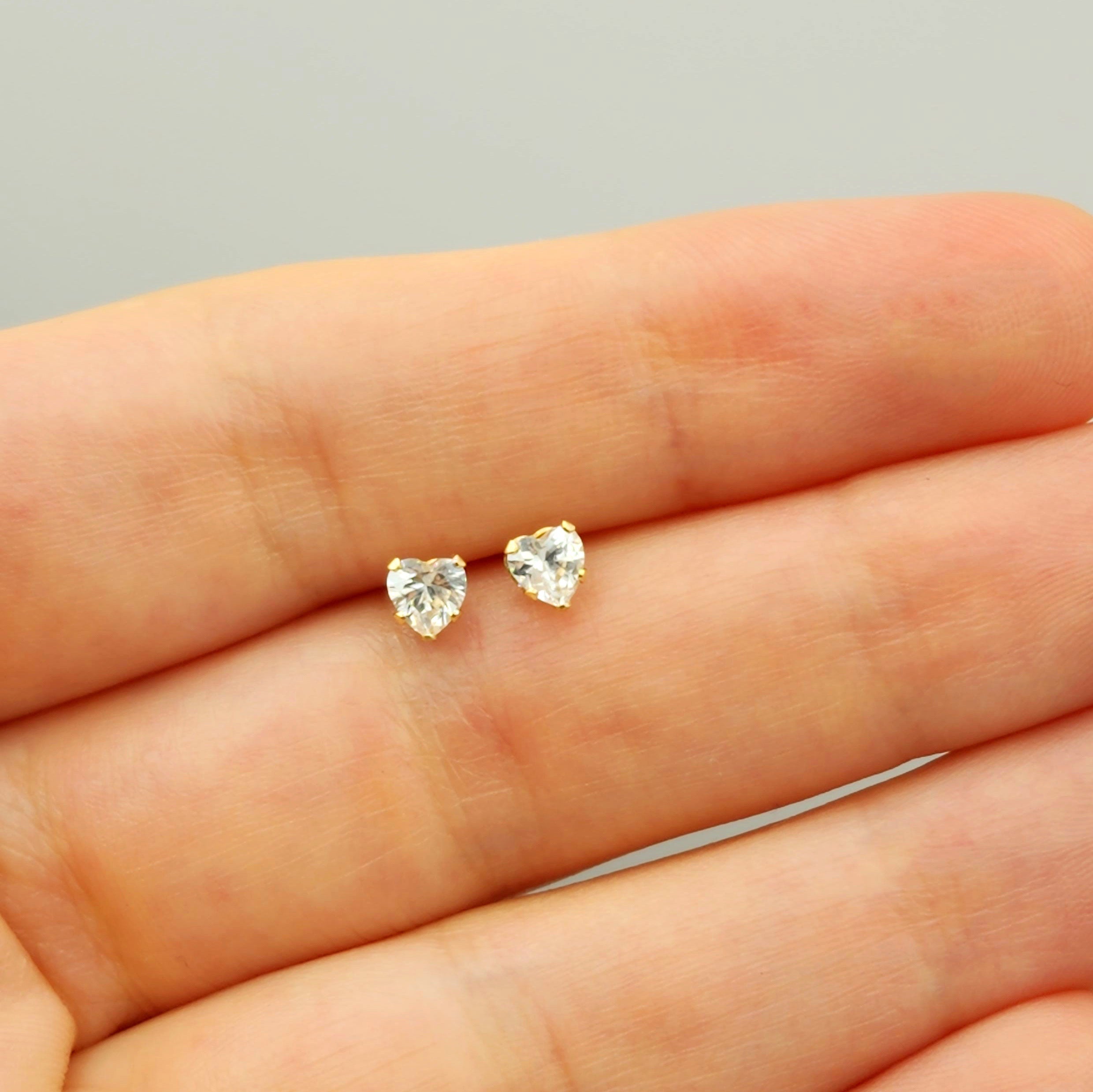 Gold CZ Earrings, 14K Yellow Gold Heart Shaped Cubic Zirconia 4x4mm Stud Earrings, Gift For Her, Gold Earrings