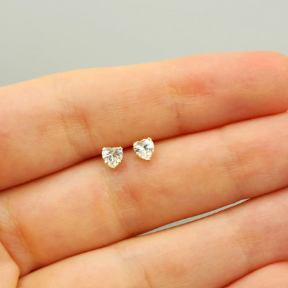 Gold CZ Earrings, 14K Yellow Gold Heart Shaped Cubic Zirconia 4x4mm Stud Earrings, Gift For Her, Gold Earrings