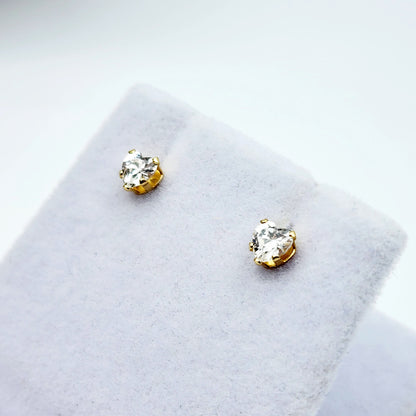 Gold CZ Earrings, 14K Yellow Gold Heart Shaped Cubic Zirconia 4x4mm Stud Earrings, Gift For Her, Gold Earrings