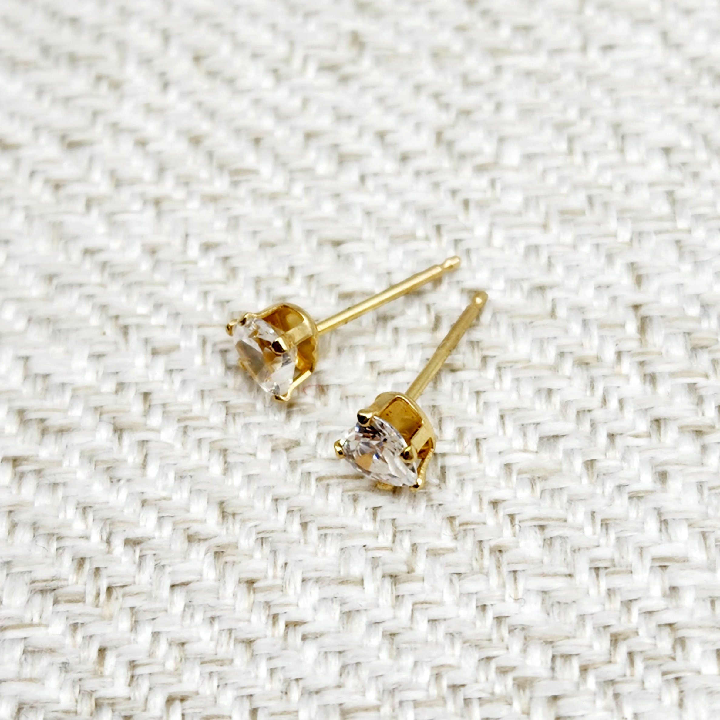 Gold CZ Earrings, 14K Yellow Gold Heart Shaped Cubic Zirconia 4x4mm Stud Earrings, Gift For Her, Gold Earrings
