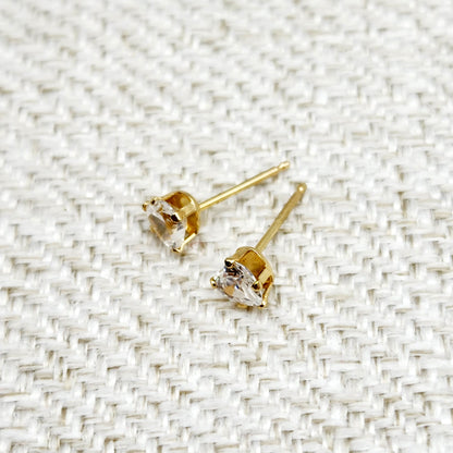 Gold CZ Earrings, 14K Yellow Gold Heart Shaped Cubic Zirconia 4x4mm Stud Earrings, Gift For Her, Gold Earrings