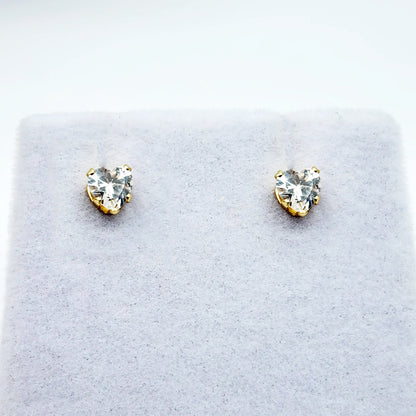 Gold CZ Earrings, 14K Yellow Gold Heart Shaped Cubic Zirconia 4x4mm Stud Earrings, Gift For Her, Gold Earrings