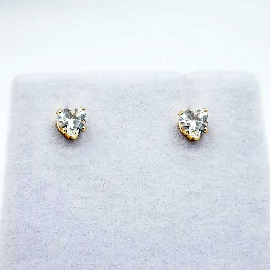 Gold CZ Earrings, 14K Yellow Gold Heart Shaped Cubic Zirconia 4x4mm Stud Earrings, Gift For Her, Gold Earrings