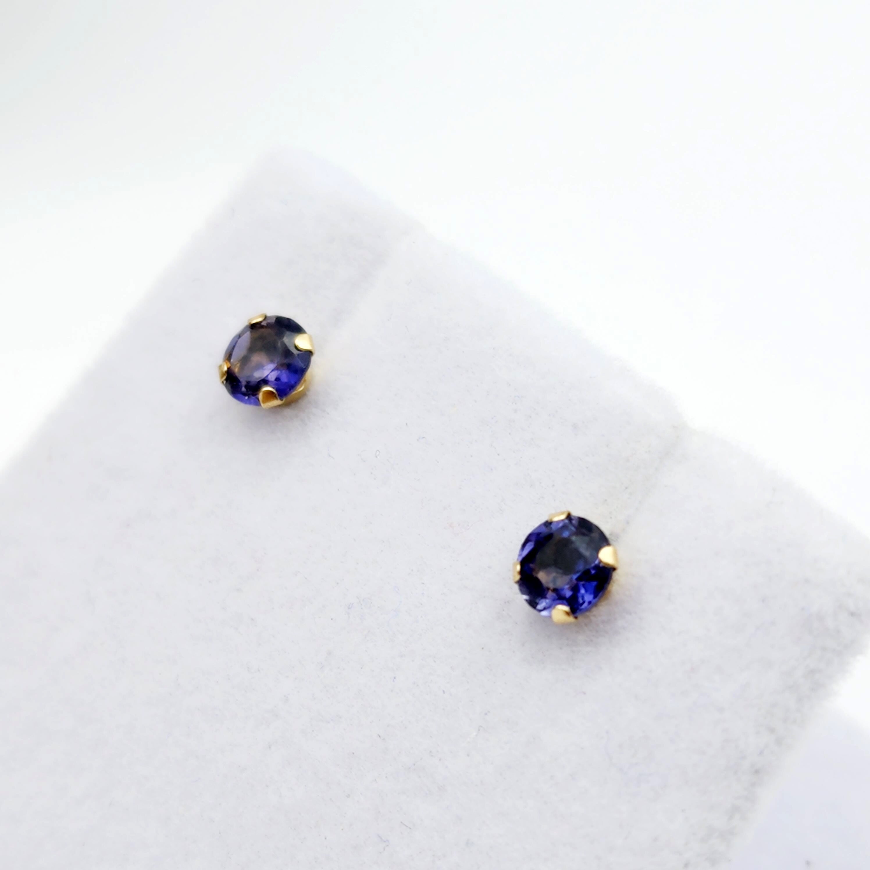 Gold Iolite Stud Earrings,  14K Yellow Gold Iolite 4x4mm Stud Earrings, Handmade Earrings, Blue Gemstone Earrings For Her