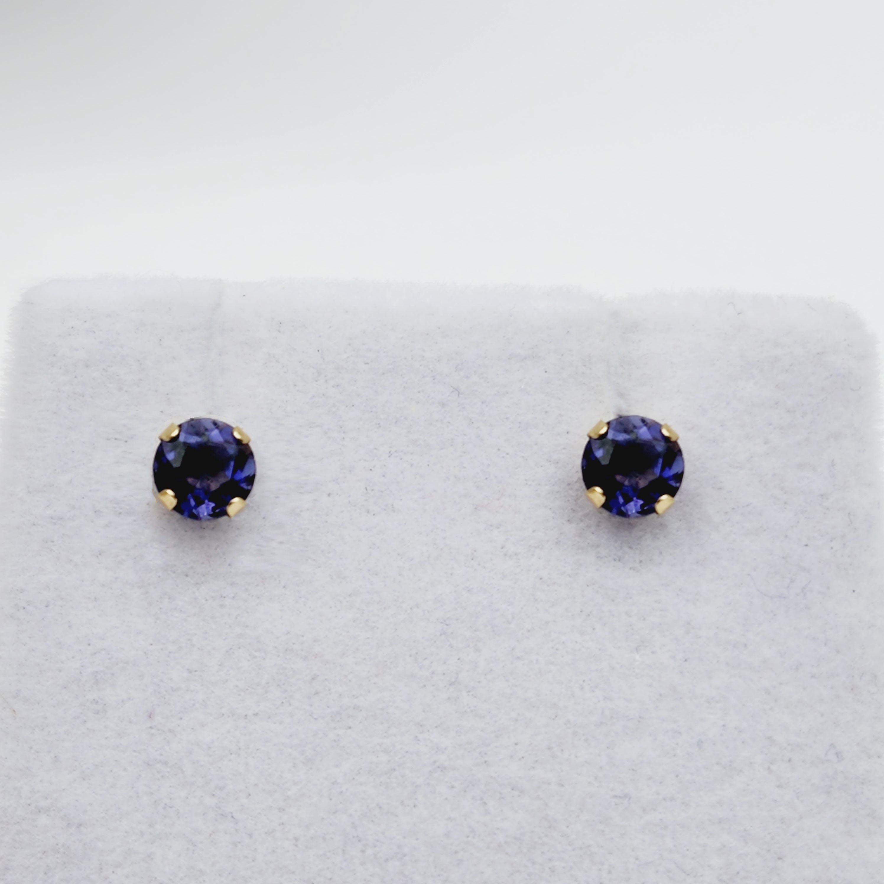 Gold Iolite Stud Earrings,  14K Yellow Gold Iolite 4x4mm Stud Earrings, Handmade Earrings, Blue Gemstone Earrings For Her