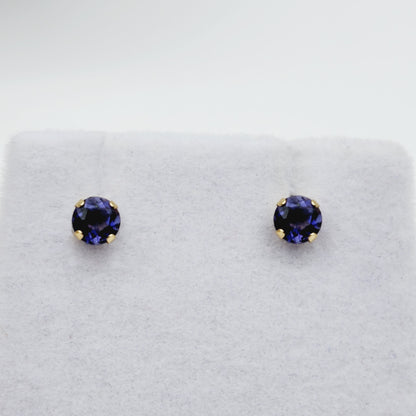Gold Iolite Stud Earrings,  14K Yellow Gold Iolite 4x4mm Stud Earrings, Handmade Earrings, Blue Gemstone Earrings For Her
