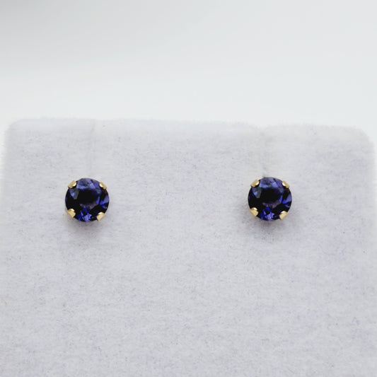 Gold Iolite Stud Earrings,  14K Yellow Gold Iolite 4x4mm Stud Earrings, Handmade Earrings, Blue Gemstone Earrings For Her