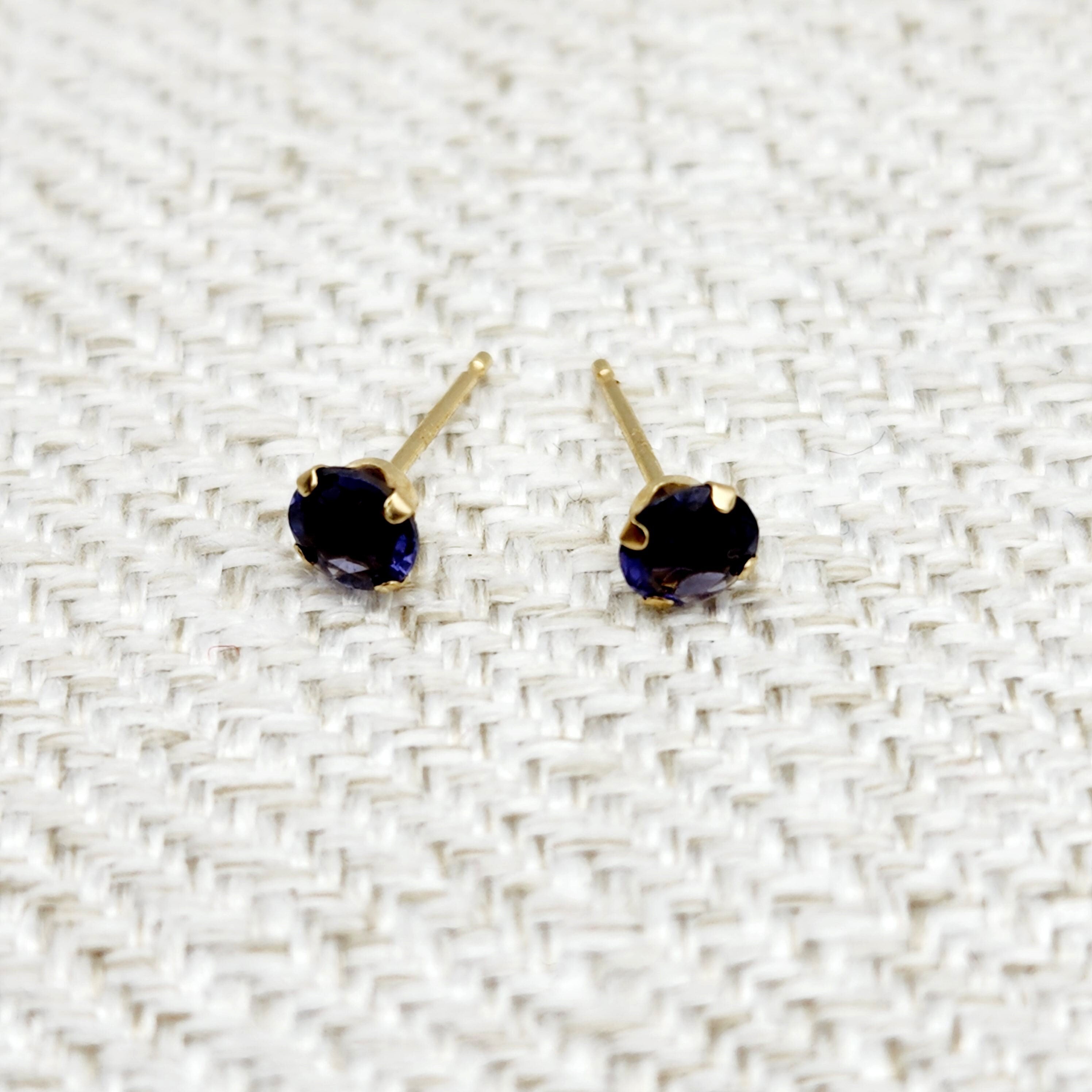 Gold Iolite Stud Earrings,  14K Yellow Gold Iolite 4x4mm Stud Earrings, Handmade Earrings, Blue Gemstone Earrings For Her