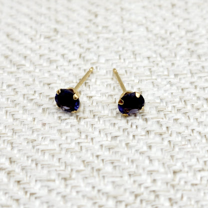 Gold Iolite Stud Earrings,  14K Yellow Gold Iolite 4x4mm Stud Earrings, Handmade Earrings, Blue Gemstone Earrings For Her