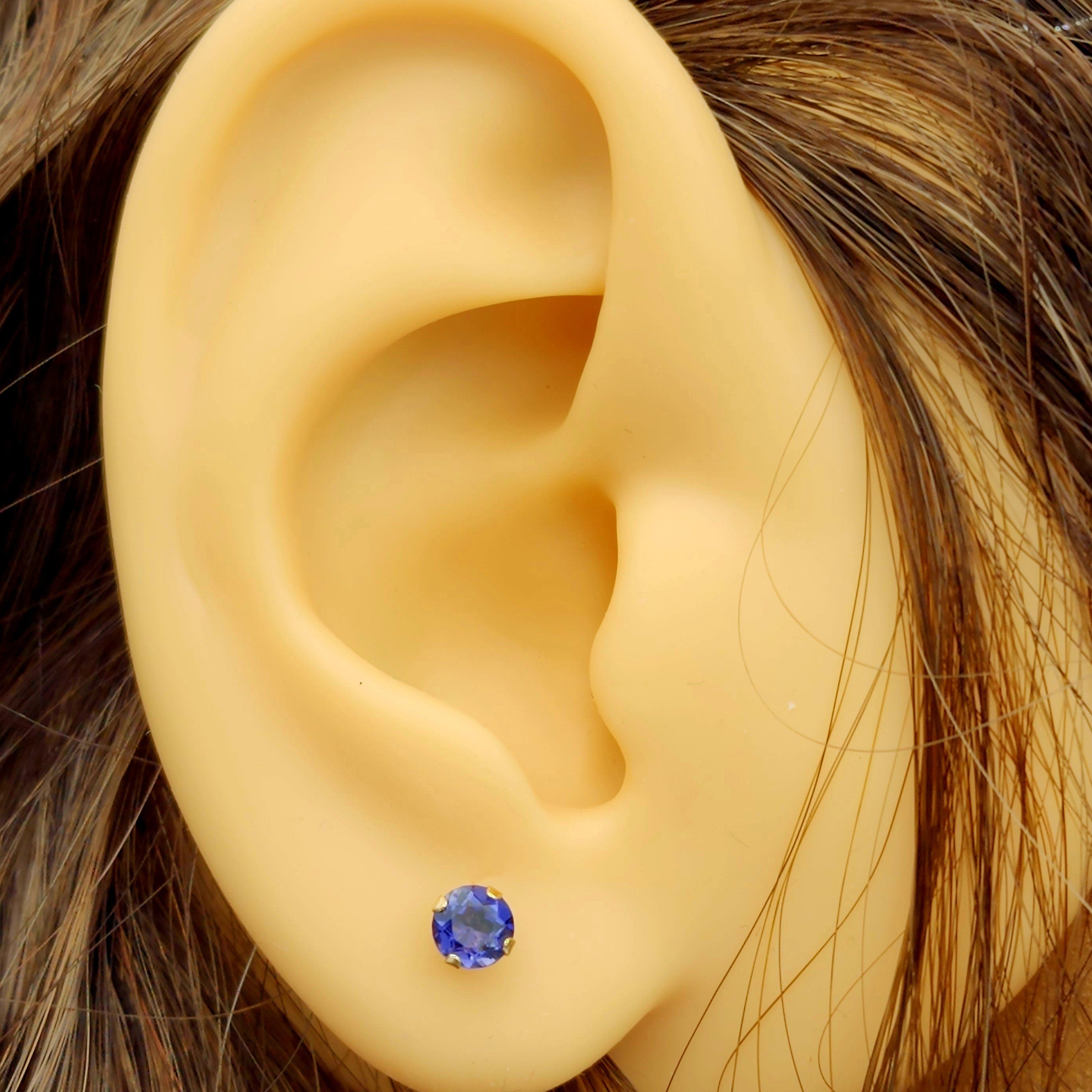 Gold Iolite Stud Earrings,  14K Yellow Gold Iolite 4x4mm Stud Earrings, Handmade Earrings, Blue Gemstone Earrings For Her