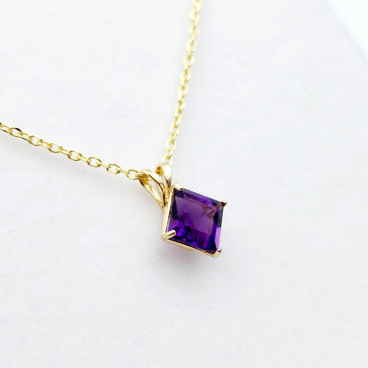 Gold Amethyst Pendant Necklace , 10K Yellow Gold Genuine Amethyst 6x6mm Pendant, February Birthstone, Handmade Pendant, Purple Pendant