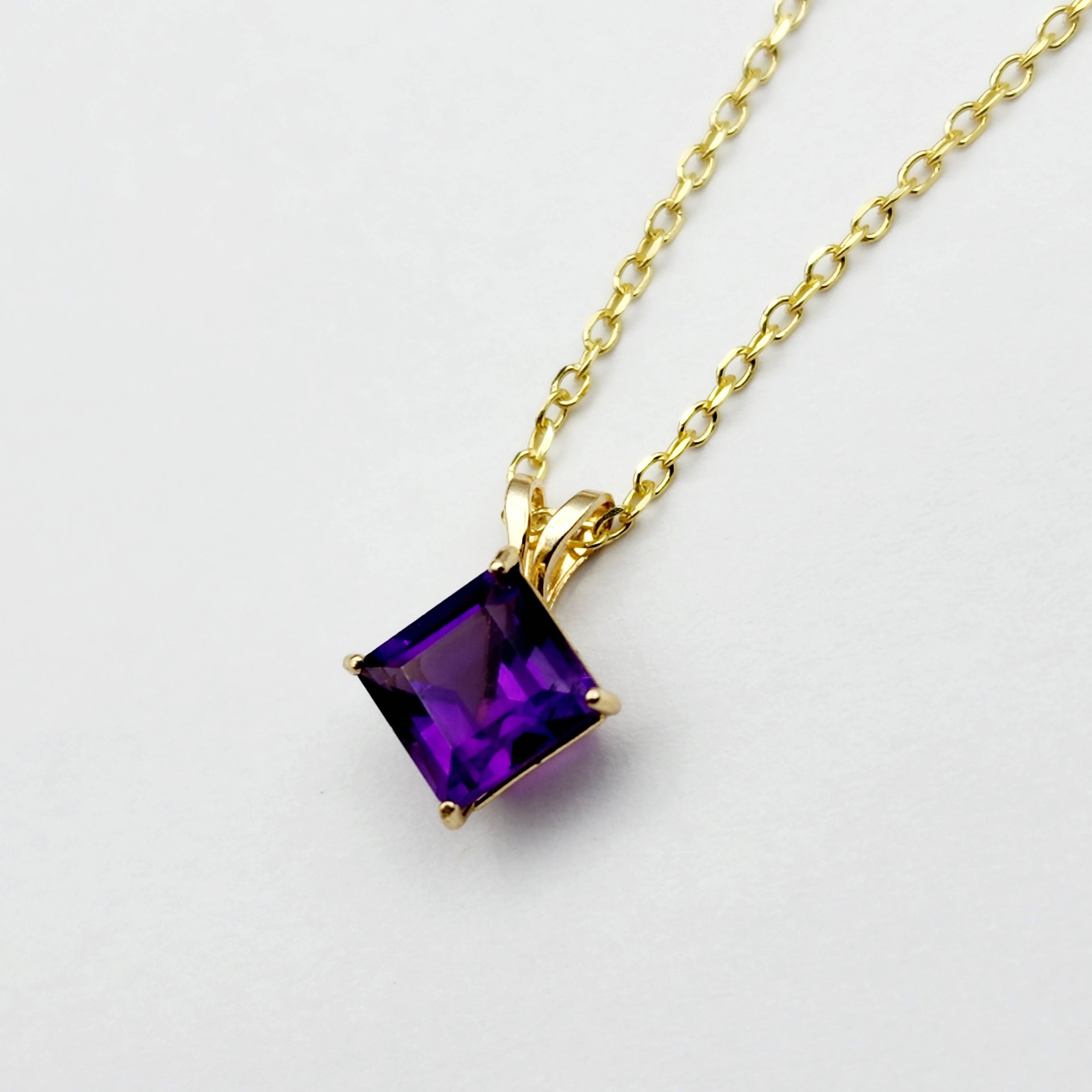 Gold Amethyst Pendant Necklace , 10K Yellow Gold Genuine Amethyst 6x6mm Pendant, February Birthstone, Handmade Pendant, Purple Pendant