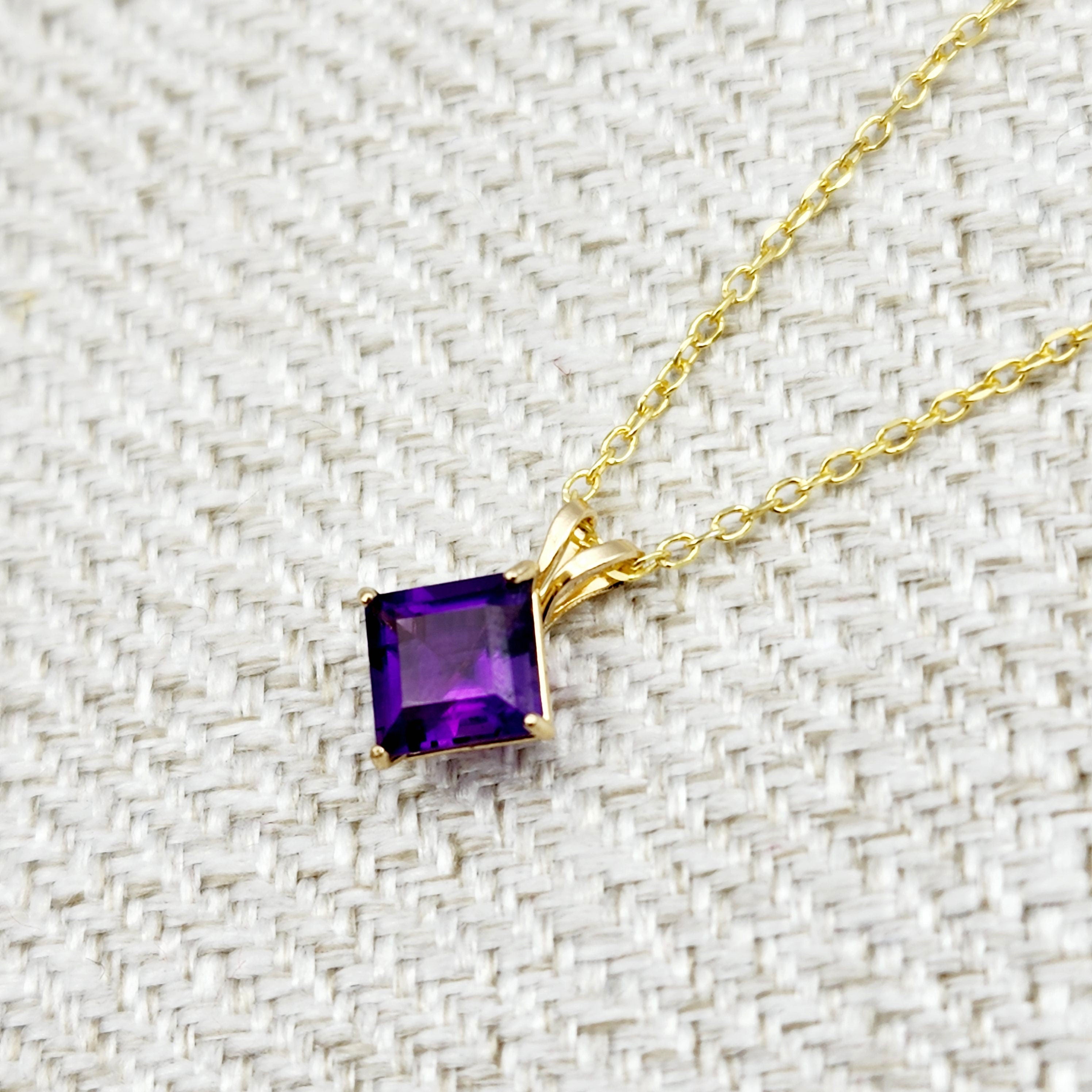 Gold Amethyst Pendant Necklace , 10K Yellow Gold Genuine Amethyst 6x6mm Pendant, February Birthstone, Handmade Pendant, Purple Pendant