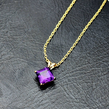 Gold Amethyst Pendant Necklace , 10K Yellow Gold Genuine Amethyst 6x6mm Pendant, February Birthstone, Handmade Pendant, Purple Pendant