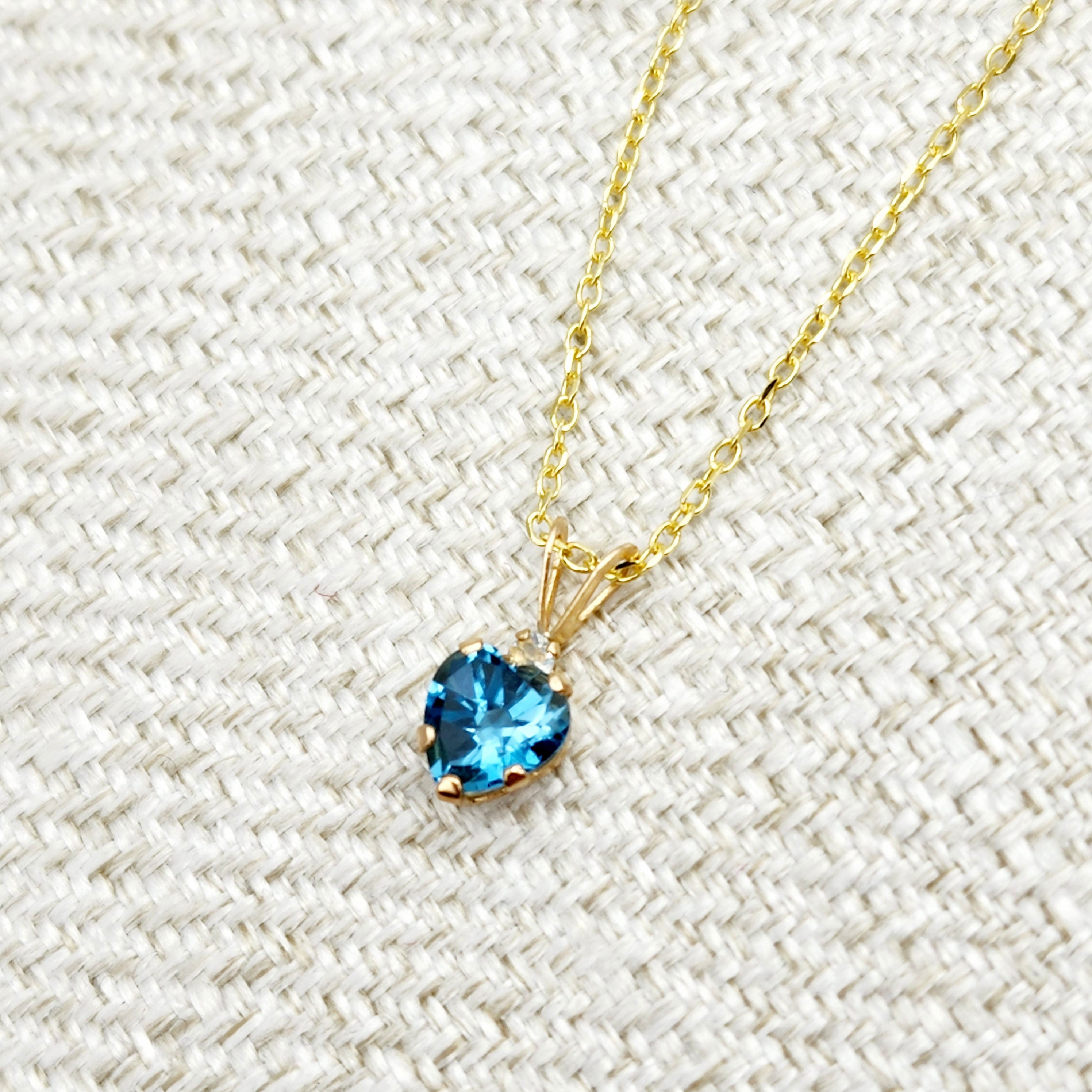 Gold Blue Topaz Pendant Necklace , 10K Yellow Gold Genuine Heart Shaped Blue Topaz 6x6mm with Moonstone Pendant, Handmade Pendant For Her