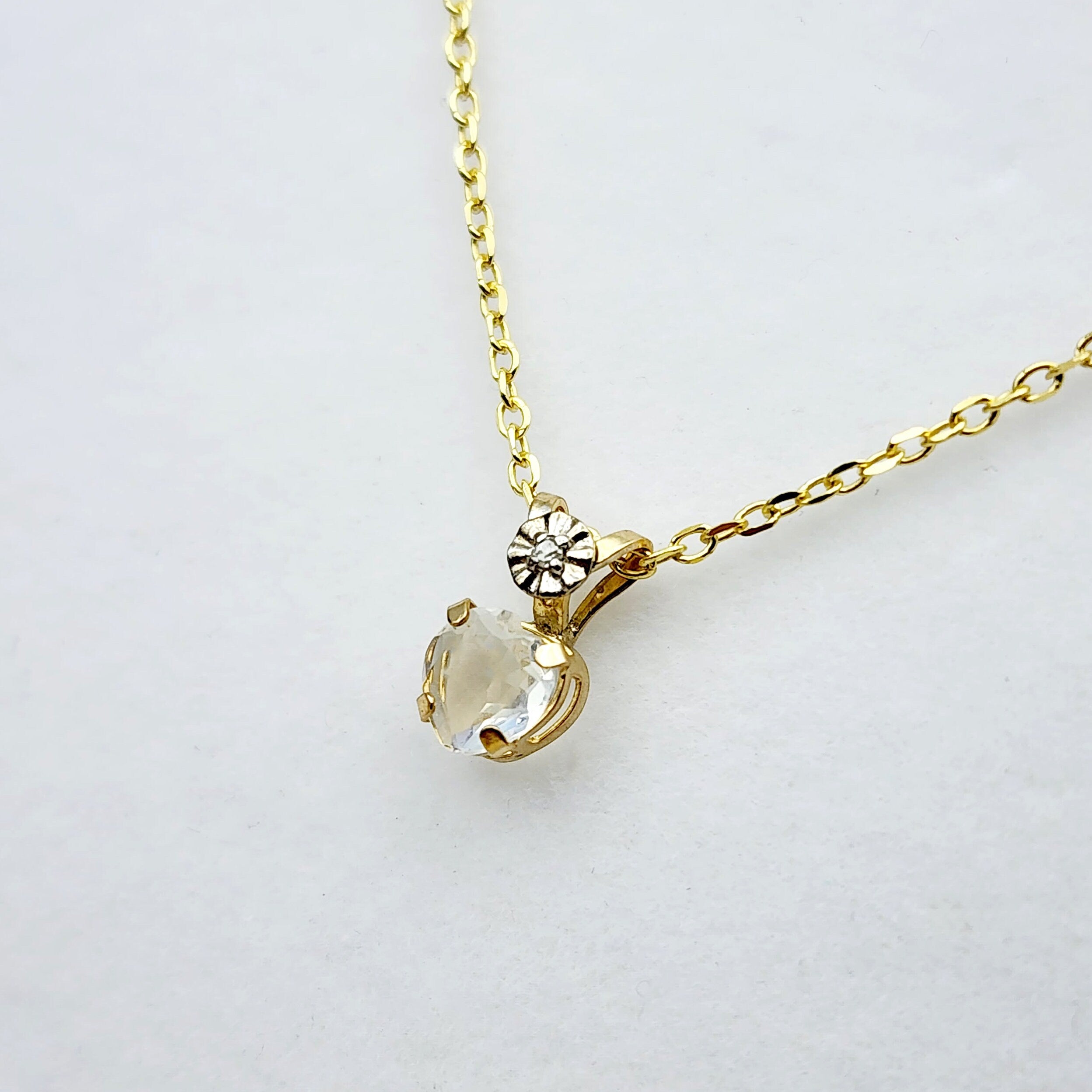 Gold Moonstone Pendant Necklace, 10K Yellow Gold Moonstone 5x5mm with Diamond Pendant