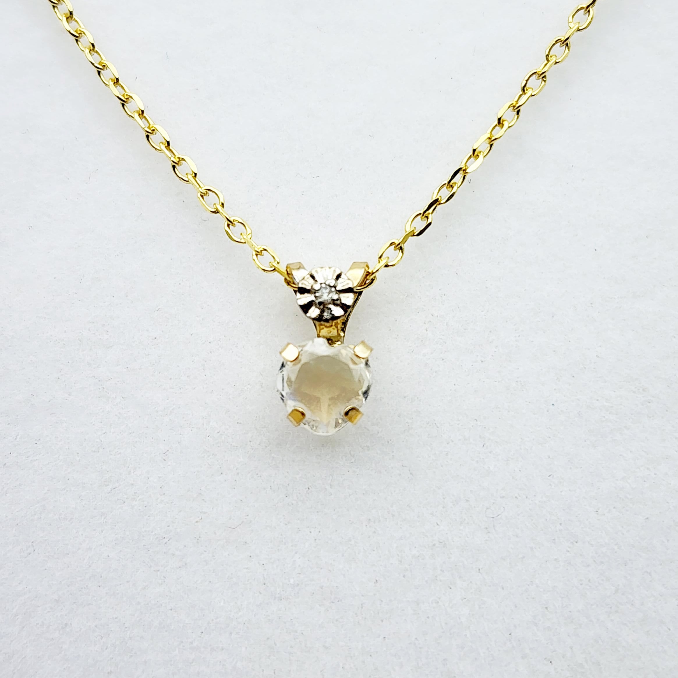Gold Moonstone Pendant Necklace, 10K Yellow Gold Moonstone 5x5mm with Diamond Pendant
