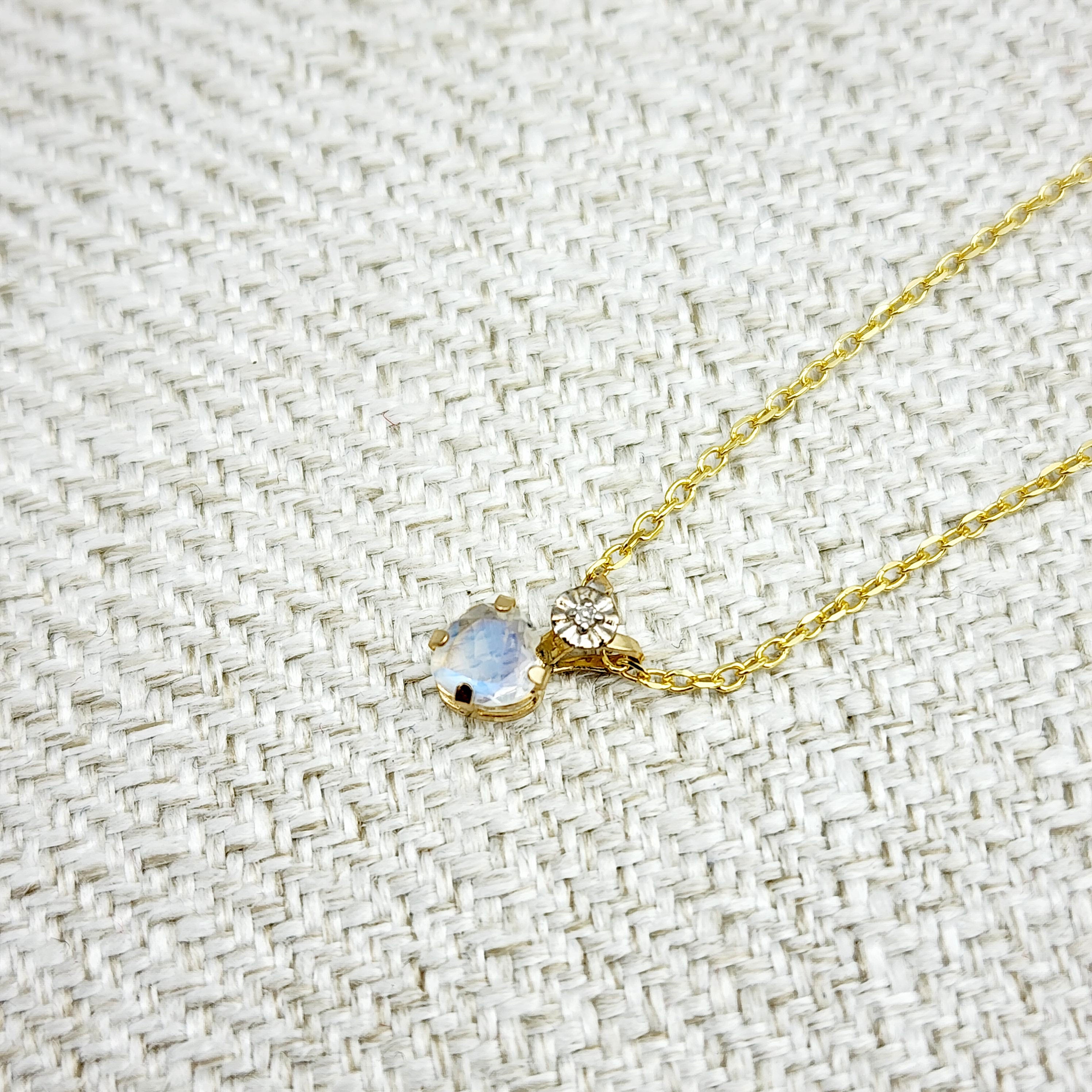Gold Moonstone Pendant Necklace, 10K Yellow Gold Moonstone 5x5mm with Diamond Pendant