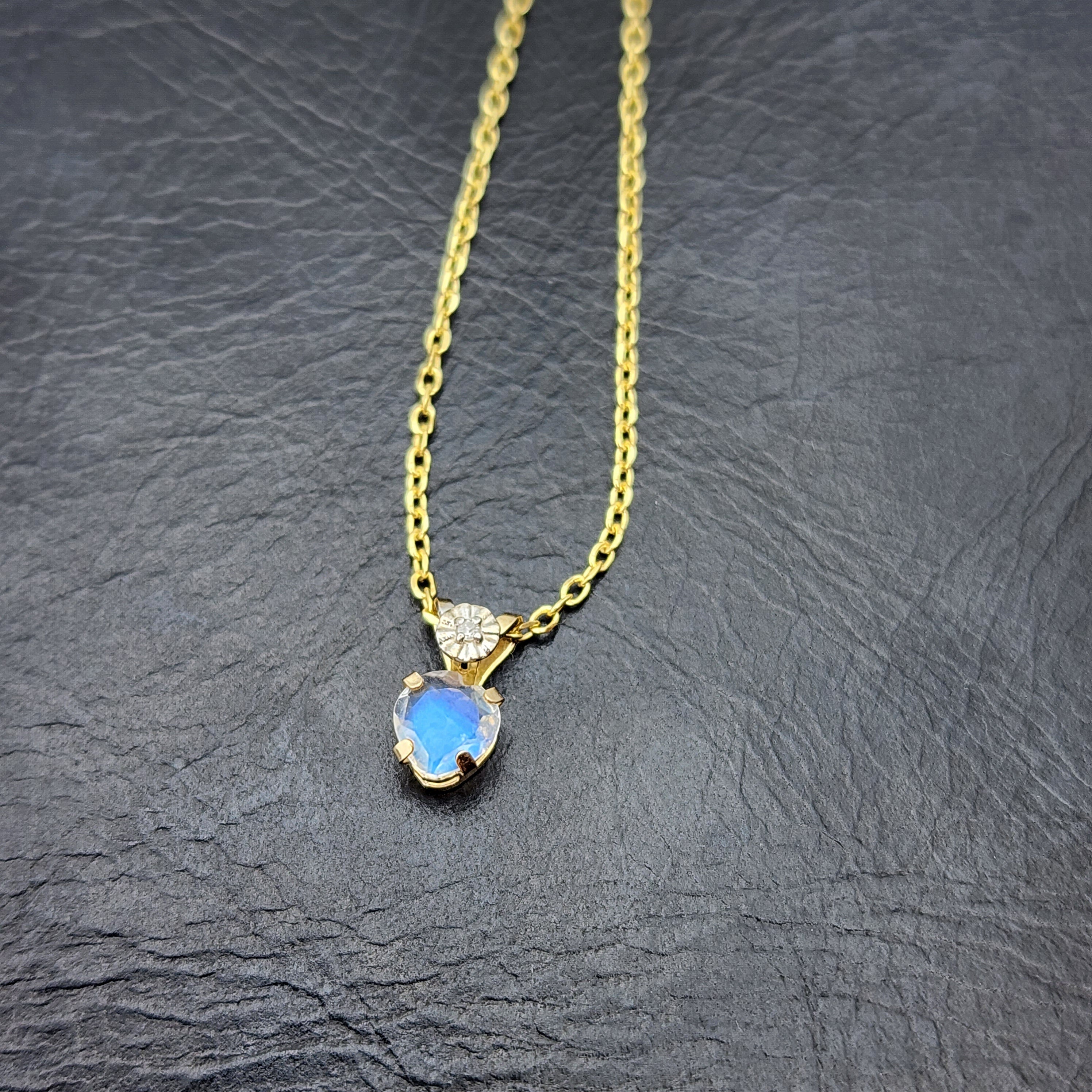 Gold Moonstone Pendant Necklace, 10K Yellow Gold Moonstone 5x5mm with Diamond Pendant