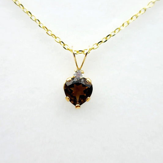 Gold Smokey Topaz Pendant Necklace, 10K Yellow Gold Smokey Topaz 6x6mm with Moonstone Pendant