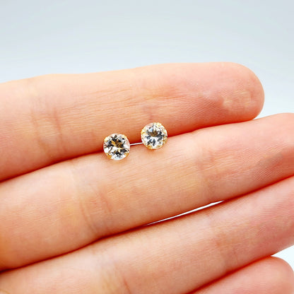 Gold White Topaz Earrings, 10K Yellow Gold Genuine White Topaz 5x5mm Stud Earrings, Handmade Earrings, Bridal Gemstone Earrings