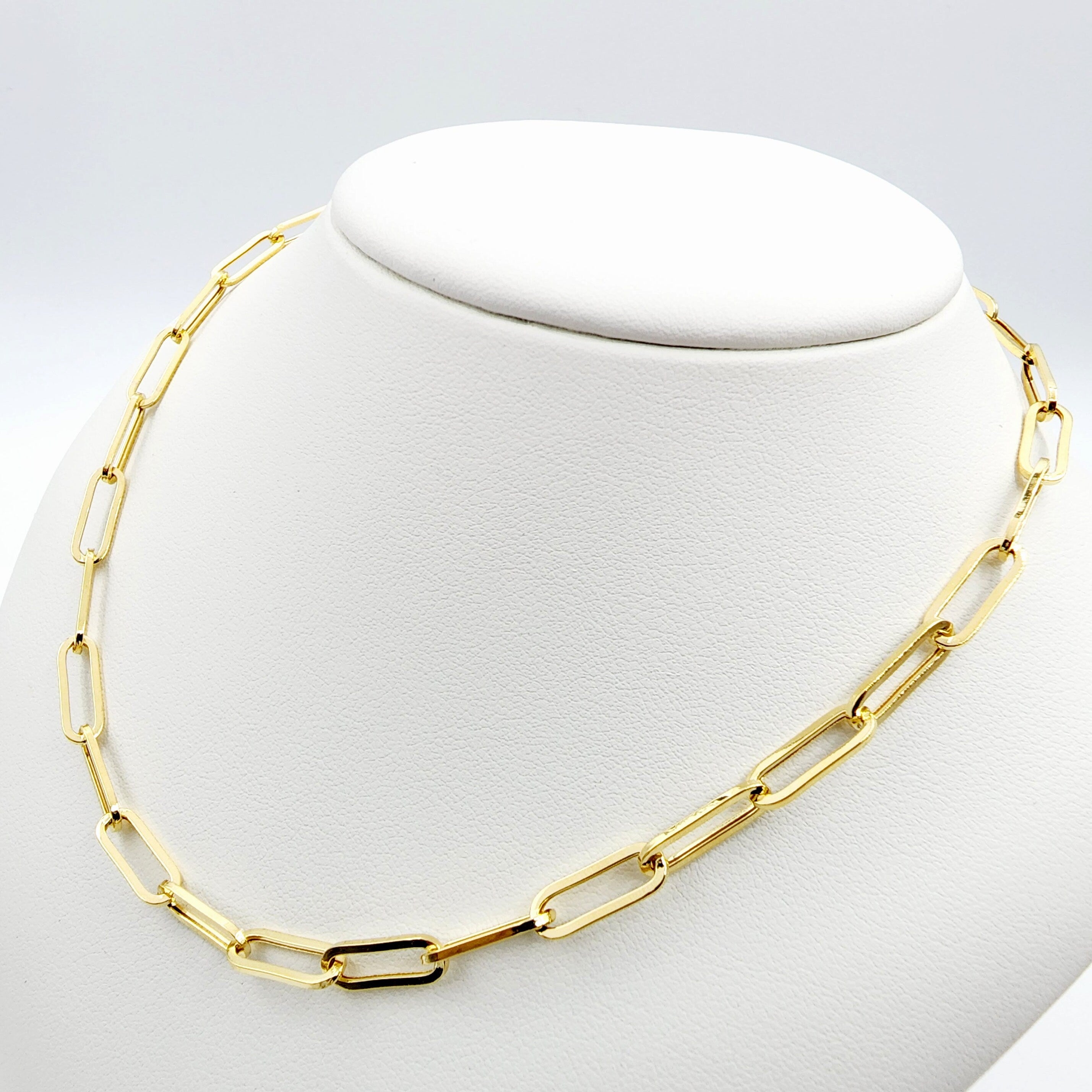 Solid Gold Paperclip Chain Necklace, Dainty 10K Yellow Solid Gold Necklace, Paper Clip 4mm Chain, Perfect Gift For Christmas