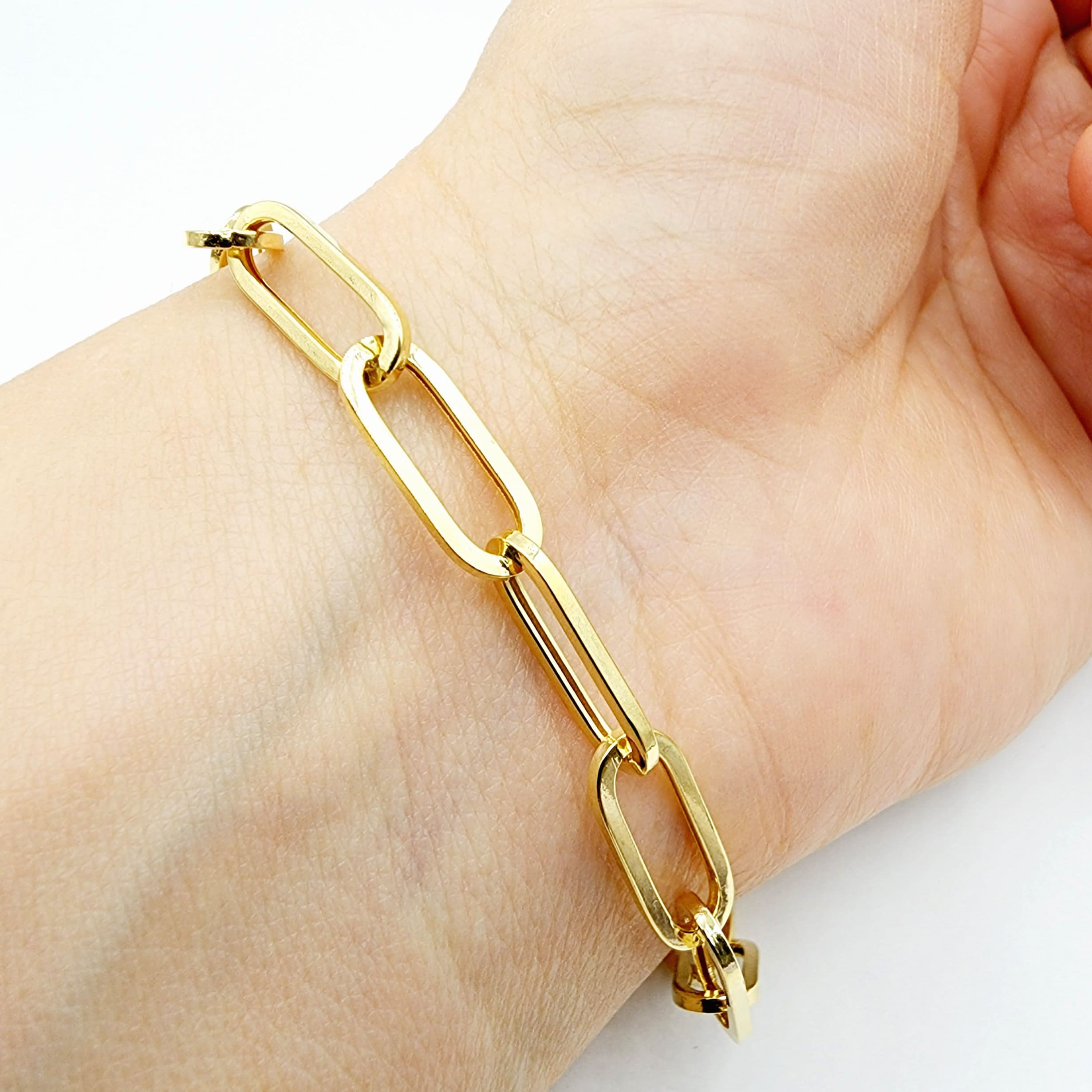Gold Paperclip Chain Bracelet, Dainty 10K Yellow Gold Link Bracelet For Women, Paper Clip 6.45mm Chain, Perfect Gift For Her