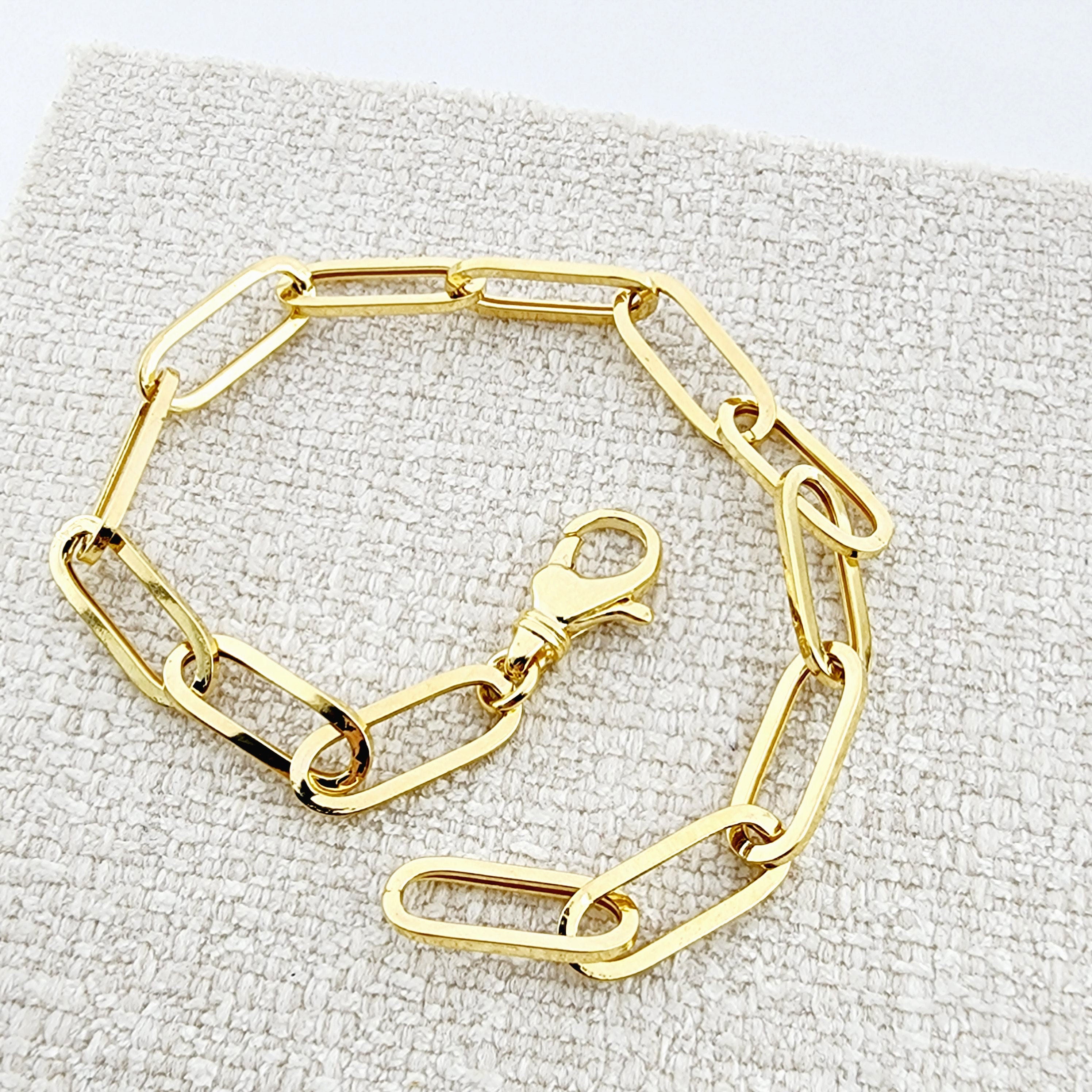 Gold Paperclip Chain Bracelet, Dainty 10K Yellow Gold Link Bracelet For Women, Paper Clip 6.45mm Chain, Perfect Gift For Her