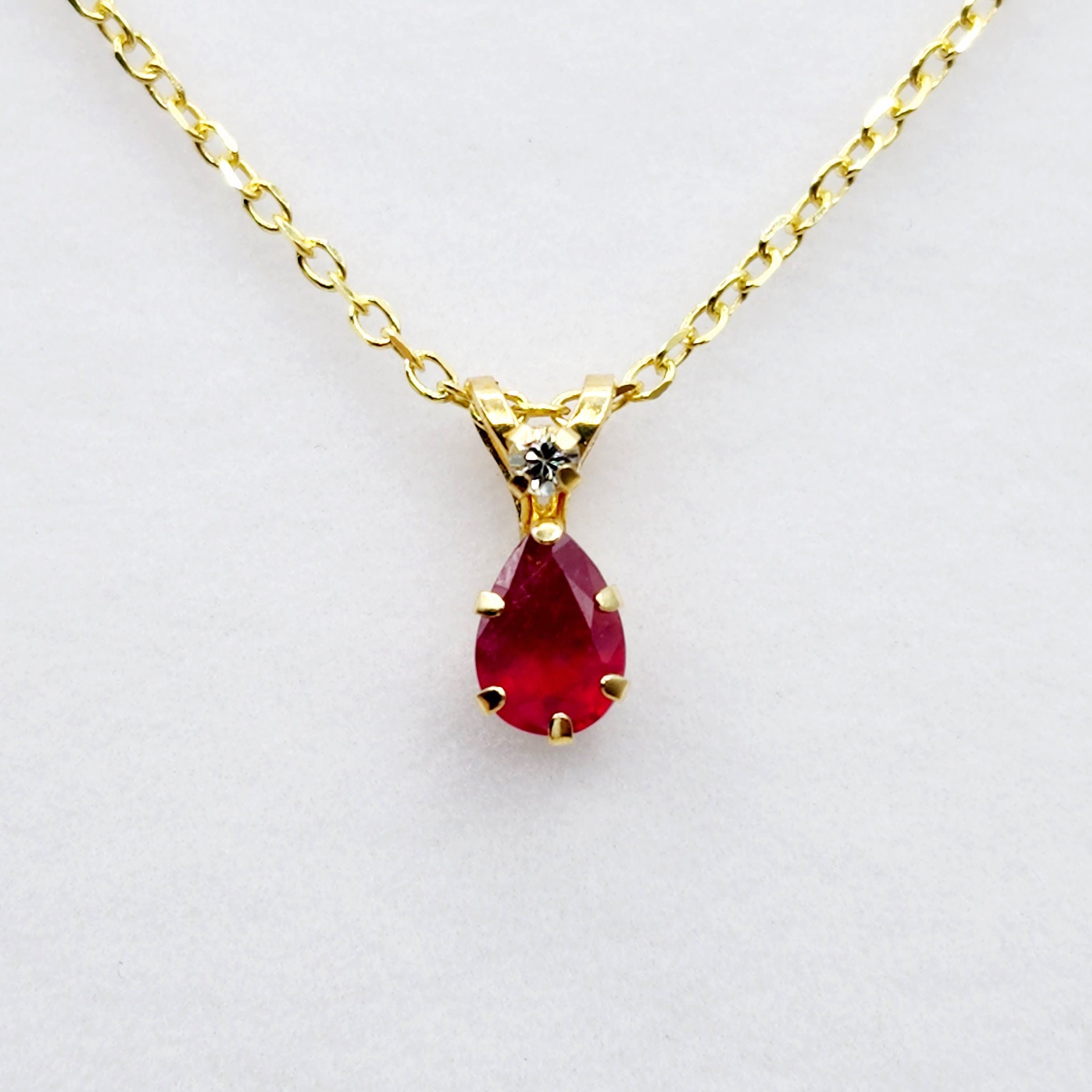 Gold Ruby Pendant Necklace, 10K Yellow Gold Tear drop Ruby 6x4mm Pendant, July Birthstone, Gift For Her