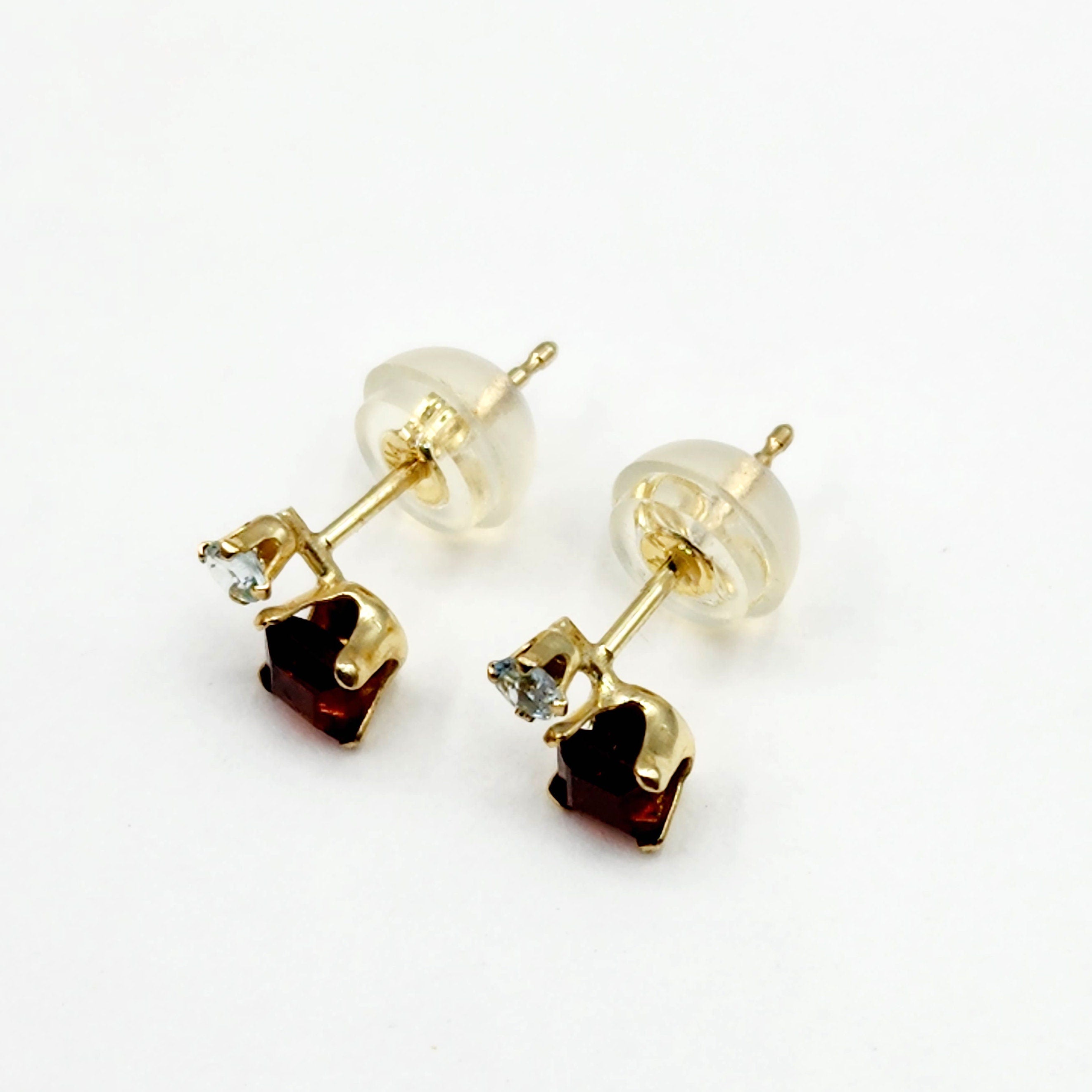 Gold Garnet Stud Earrings, 10K Yellow Gold Genuine Garnet 3x3mm with Blue Topaz Stud Earrings