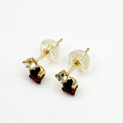 Gold Garnet Stud Earrings, 10K Yellow Gold Genuine Garnet 3x3mm with Blue Topaz Stud Earrings