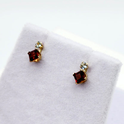 Gold Garnet Stud Earrings, 10K Yellow Gold Genuine Garnet 3x3mm with Blue Topaz Stud Earrings