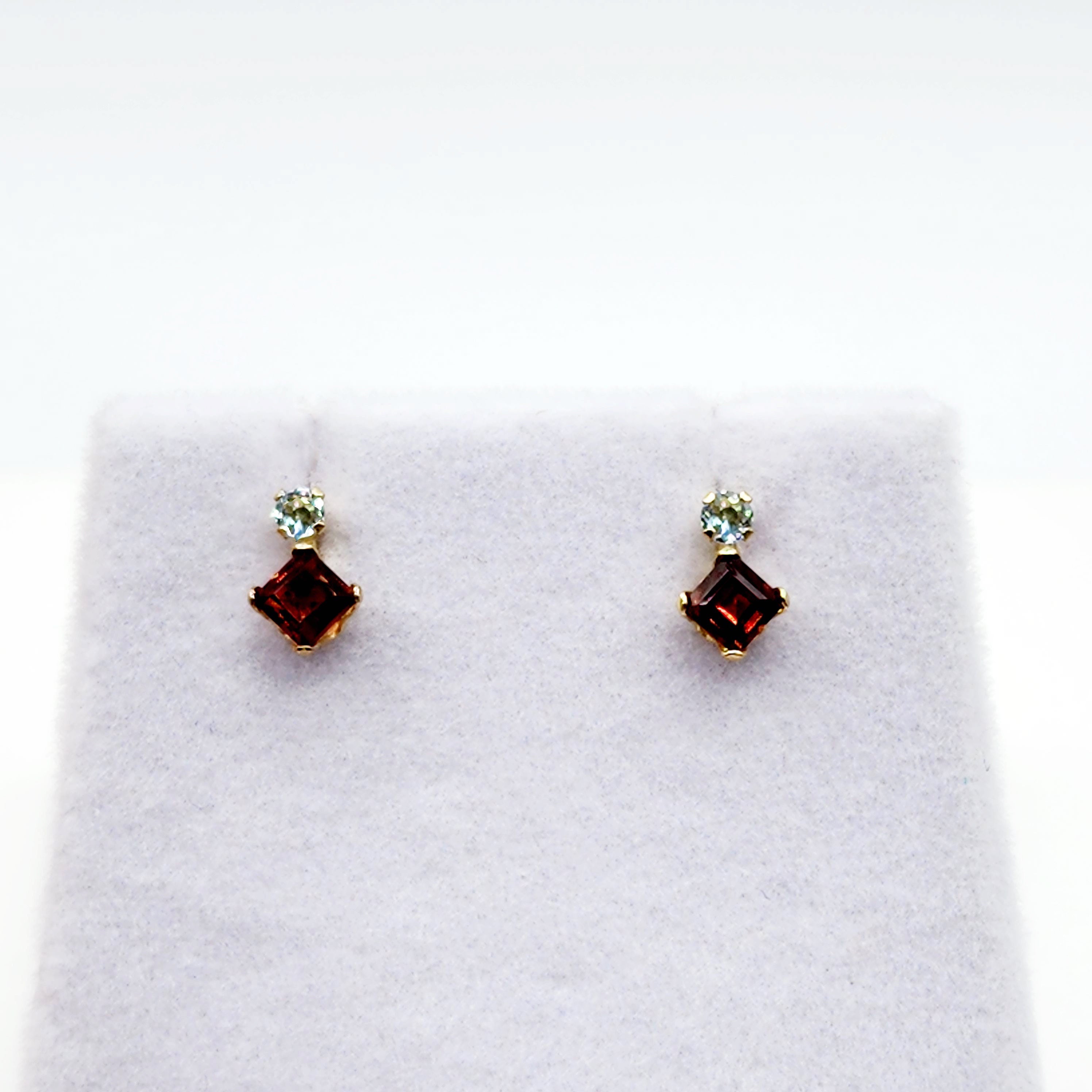 Gold Garnet Stud Earrings, 10K Yellow Gold Genuine Garnet 3x3mm with Blue Topaz Stud Earrings