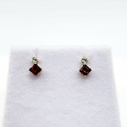 Gold Garnet Stud Earrings, 10K Yellow Gold Genuine Garnet 3x3mm with Blue Topaz Stud Earrings