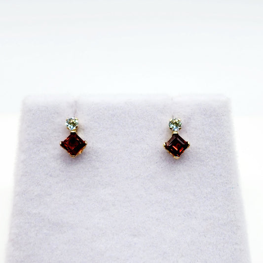 Gold Garnet Stud Earrings, 10K Yellow Gold Genuine Garnet 3x3mm with Blue Topaz Stud Earrings