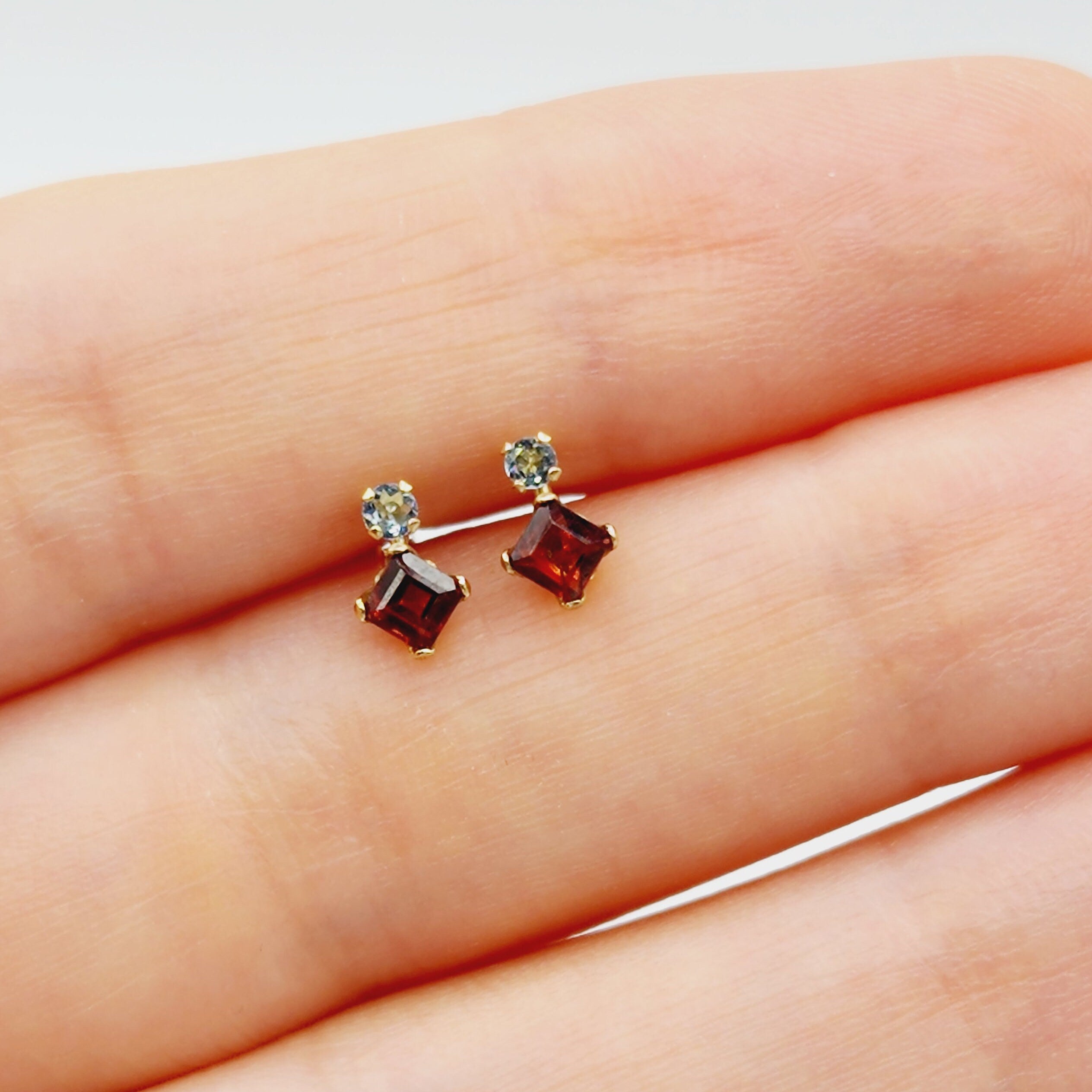 Gold Garnet Stud Earrings, 10K Yellow Gold Genuine Garnet 3x3mm with Blue Topaz Stud Earrings
