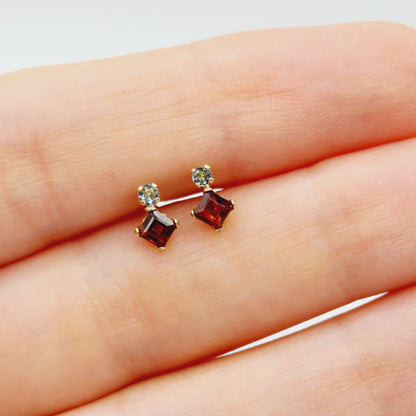 Gold Garnet Stud Earrings, 10K Yellow Gold Genuine Garnet 3x3mm with Blue Topaz Stud Earrings