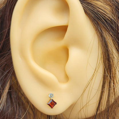 Gold Garnet Stud Earrings, 10K Yellow Gold Genuine Garnet 3x3mm with Blue Topaz Stud Earrings