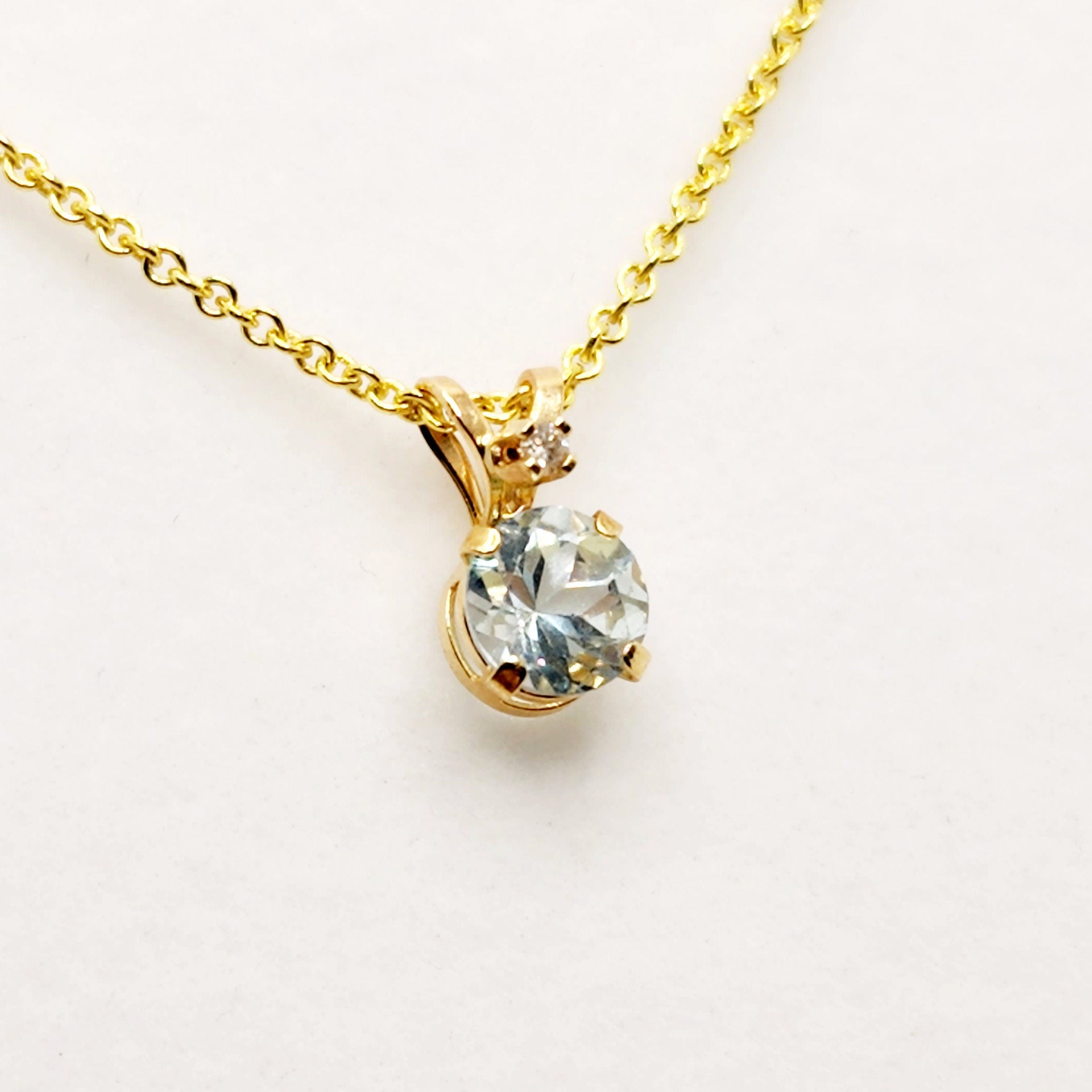 Gold Genuine Aquamarine Pendant Necklace | 10K Yellow Gold Aquamarine 5x5mm with Diamond Pendant