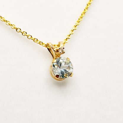 Gold Genuine Aquamarine Pendant Necklace | 10K Yellow Gold Aquamarine 5x5mm with Diamond Pendant
