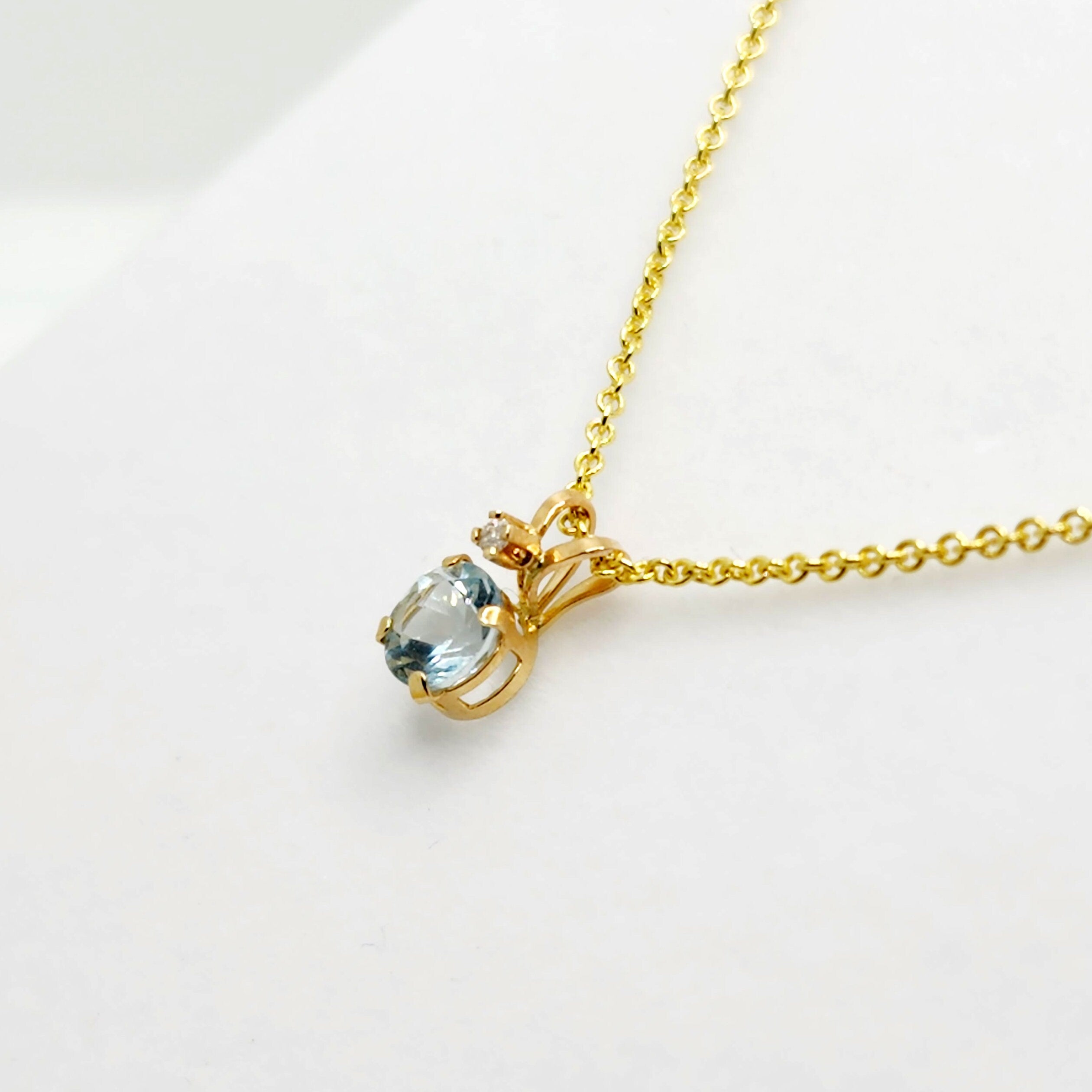 Gold Genuine Aquamarine Pendant Necklace | 10K Yellow Gold Aquamarine 5x5mm with Diamond Pendant