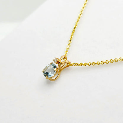 Gold Genuine Aquamarine Pendant Necklace | 10K Yellow Gold Aquamarine 5x5mm with Diamond Pendant