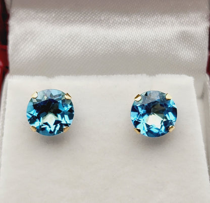 Gold Blue Topaz Earrings, 10K Yellow Gold Round Genuine Blue Topaz 8mm Stud Earrings, December Birthstone