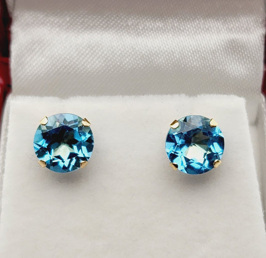 Gold Blue Topaz Earrings, 10K Yellow Gold Round Genuine Blue Topaz 8mm Stud Earrings, December Birthstone