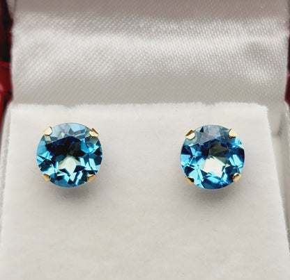 10K Yellow Gold Blue Topaz 7x7mm Stud Earrings: December Birthstone