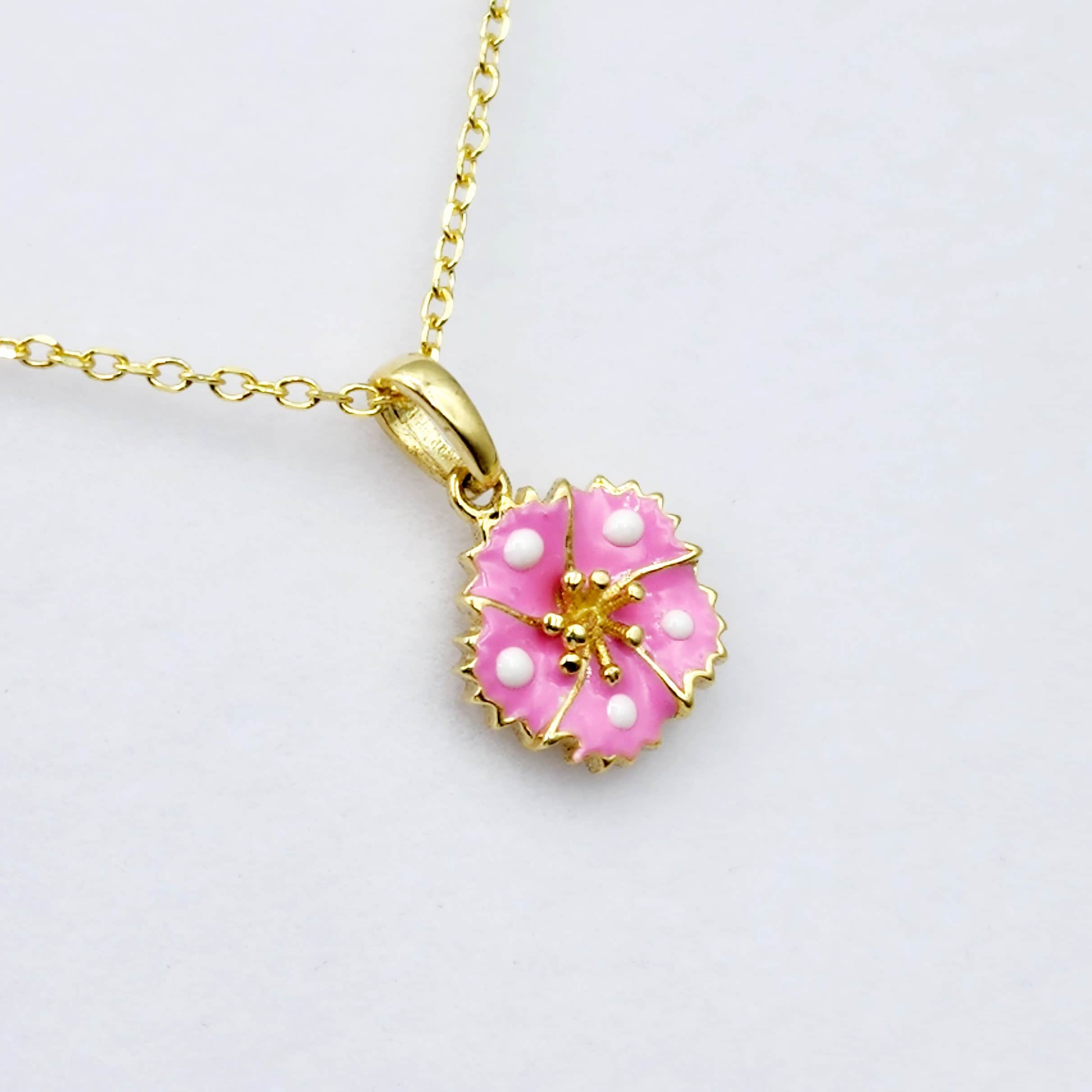 Gold Flower Pendant Necklace, 10K Yellow Gold Pink Floral Necklace Pendant, Dainty Gold Small Pendant, Gift For Baby