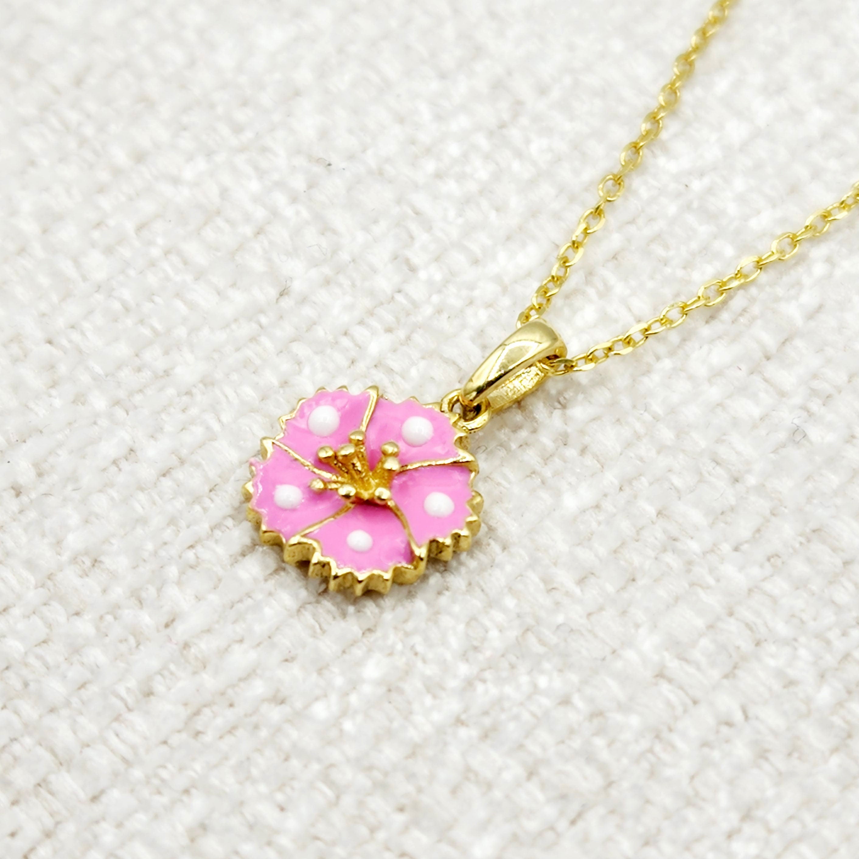 Gold Flower Pendant Necklace, 10K Yellow Gold Pink Floral Necklace Pendant, Dainty Gold Small Pendant, Gift For Baby