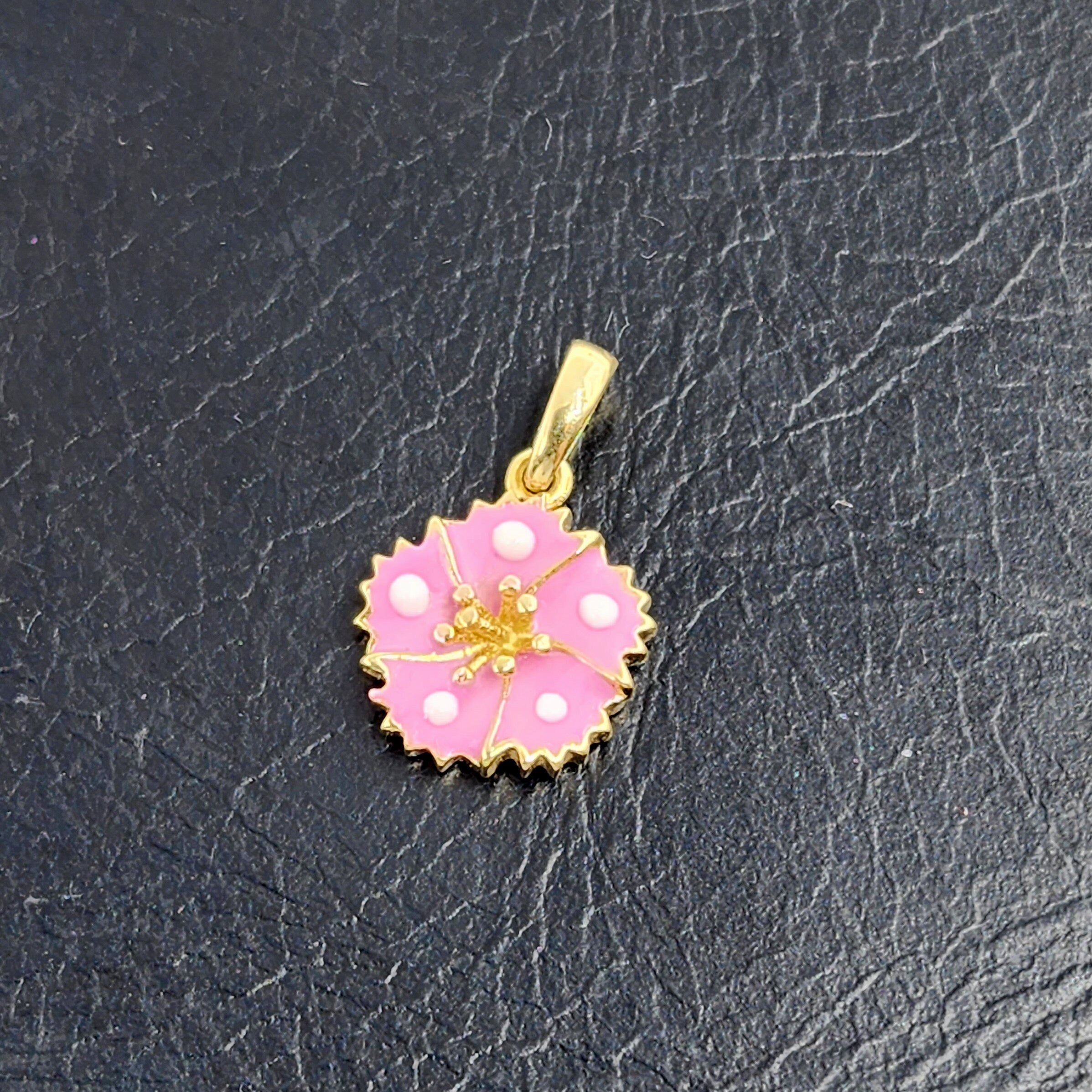 Gold Flower Pendant Necklace, 10K Yellow Gold Pink Floral Necklace Pendant, Dainty Gold Small Pendant, Gift For Baby