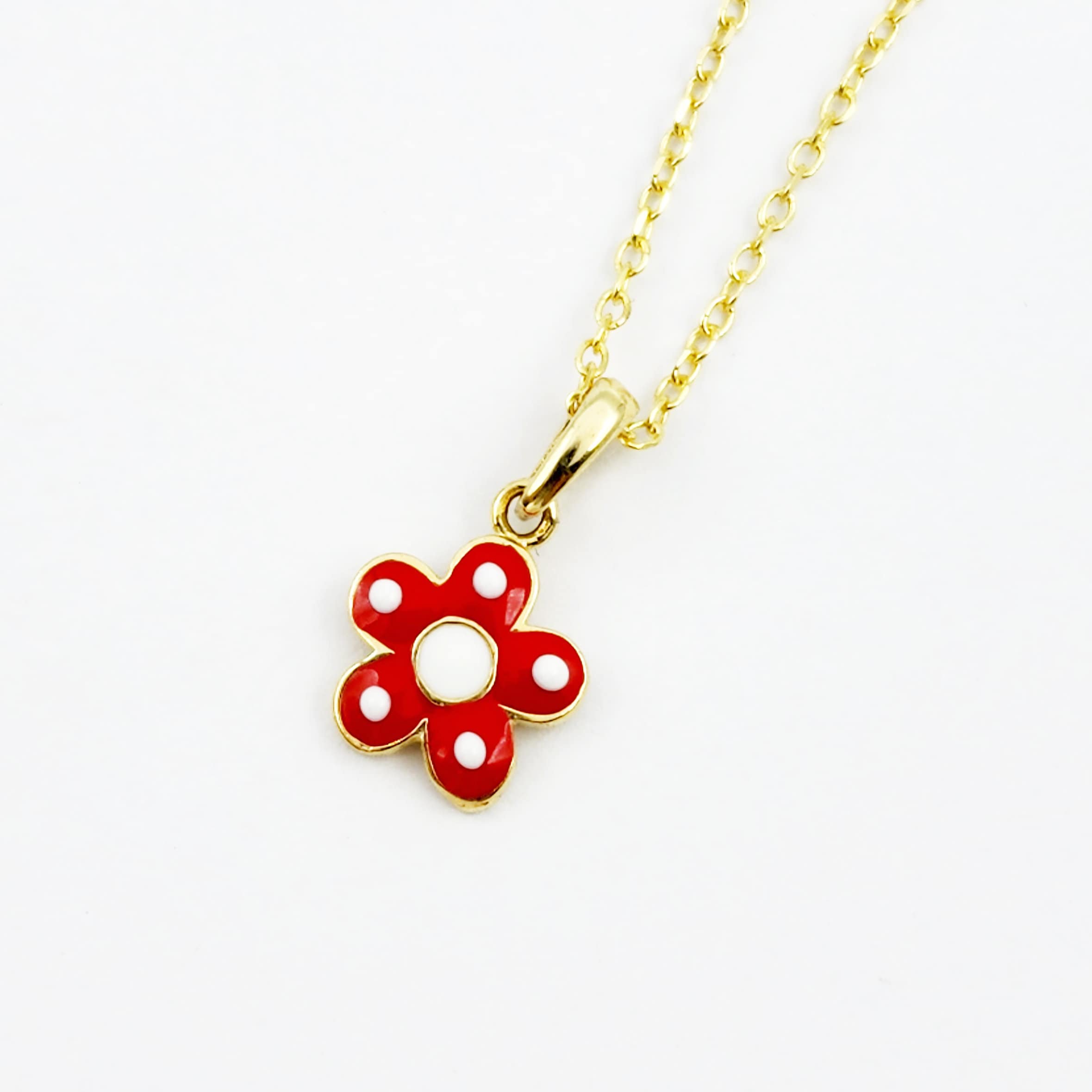 Gold Flower Pendant Necklace, 10K Yellow Gold Red Floral Necklace Pendant, Dainty Gold Small Pendant, Gift For Baby, Baby Jewelry