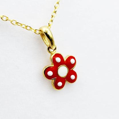 Gold Flower Pendant Necklace, 10K Yellow Gold Red Floral Necklace Pendant, Dainty Gold Small Pendant, Gift For Baby, Baby Jewelry